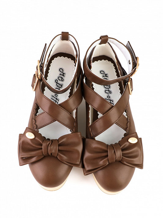Brown Sweet Lolita Mary Janes - Platform Wood Grain Heel with Crossed Straps & Bow Decor