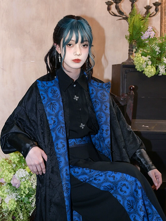 Reversible Blue Seahorses and Coral Print Black Jacquard Cheongsam Style Long Coat