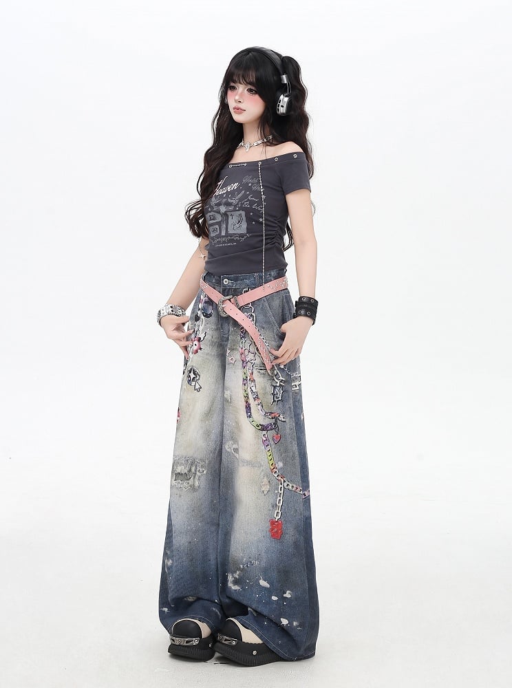 Chains Print Splash Ink Details Blue Low Rise Distressed Wide-leg Jeans