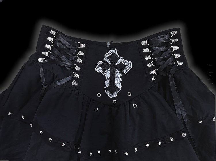 Gothic Punk Black Lace Cross Applique Stud Accents Lace-up Detail Skirt
