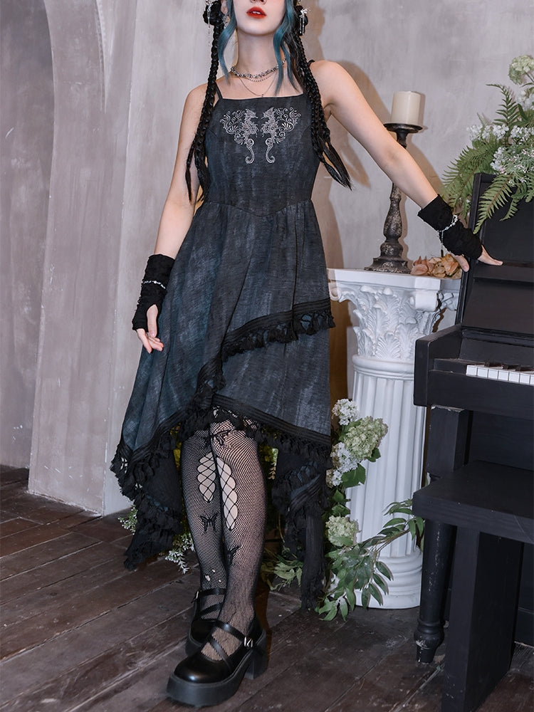 Seahorse and Coral Embroidery Asymmetrical Tassel Hem Black Cheongsam Style Cami Dress