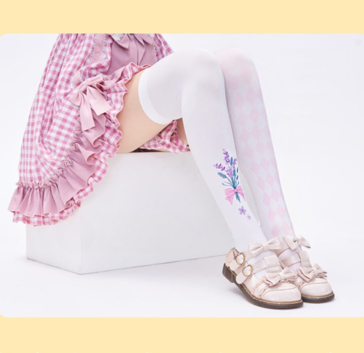White & Pink Lavender Print Diamond Pattern Over Knee Stockings
