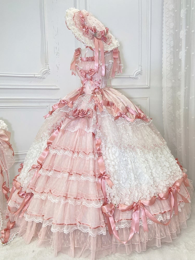 Pink Hanayome Lolita Hime Wedding Dress with Corset Waist and Rose Bow Accents Long Version