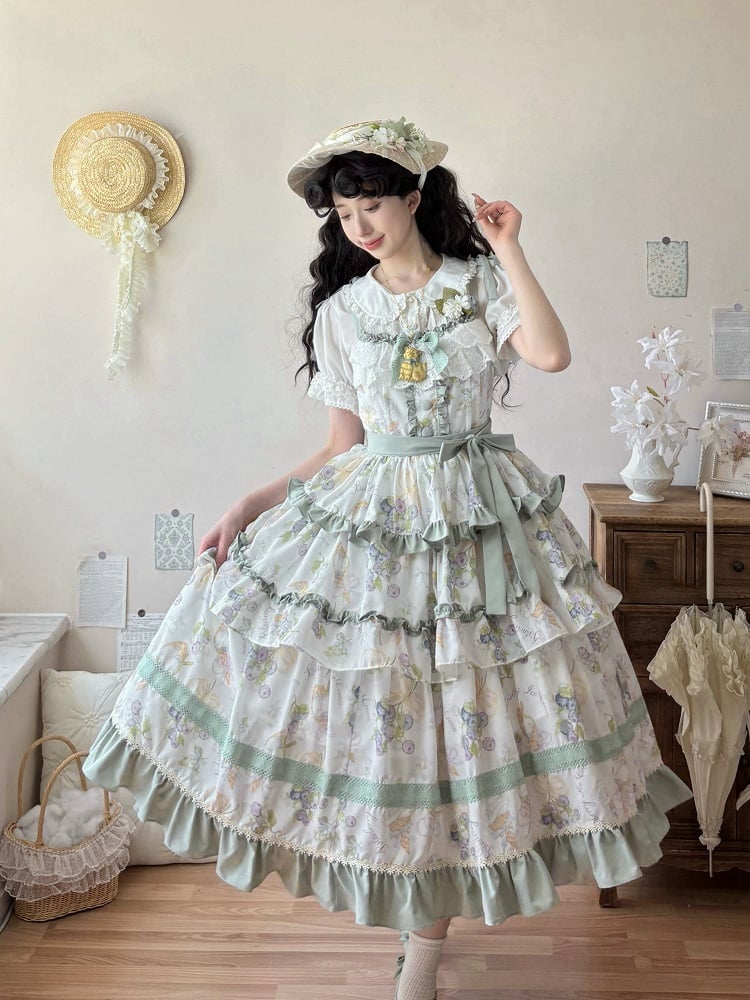 Blueberry and Ice Cream Print Tiered Skirt Light Green Ruffle Trimming Lolita Dress