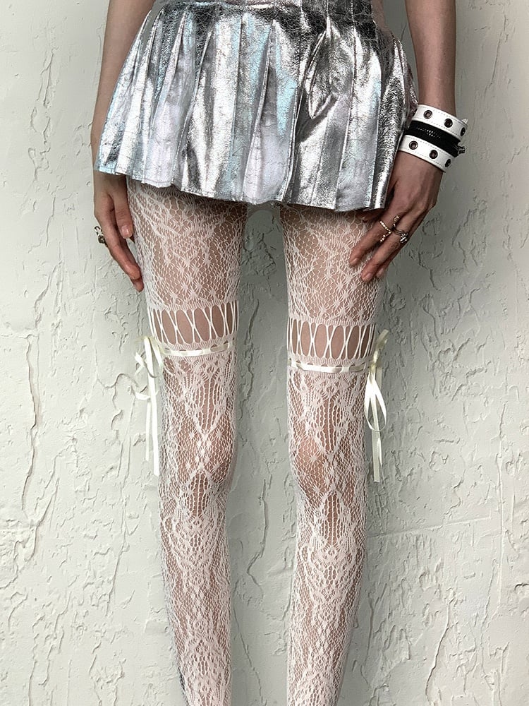 Coffee/Gray/Black/White/Purple/Blue Y2K Floral Pattern Self-tie Straps Cut-out Design Tights