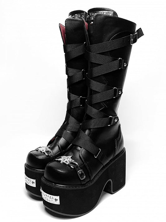 Black Crisscross Design Buckle Strap Platform Block Heel Boots