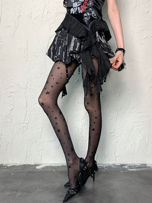 Black Y2K Star Print Tights