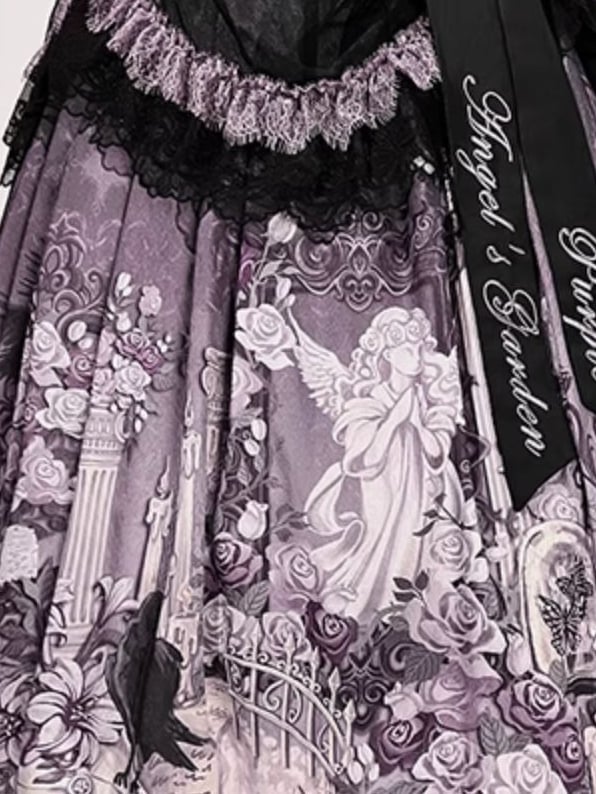 Black & Purple Floral Print Elegant Classic Lolita Skirt with Lace Trim