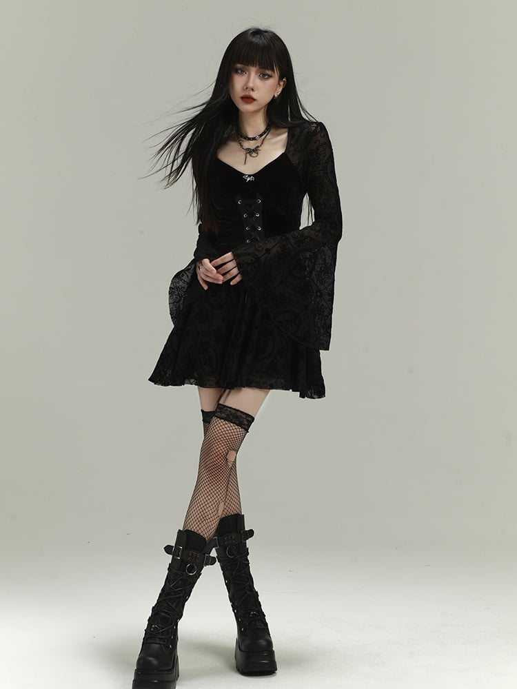 Gothic Black Lace Bell Sleeves Thigh-length Dress with Lace-up Detail at Waist