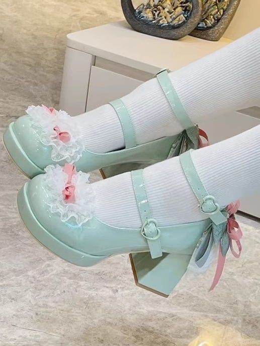 Green Knotted Bow at Top Lace Trim Heart Buckles High Block Heels