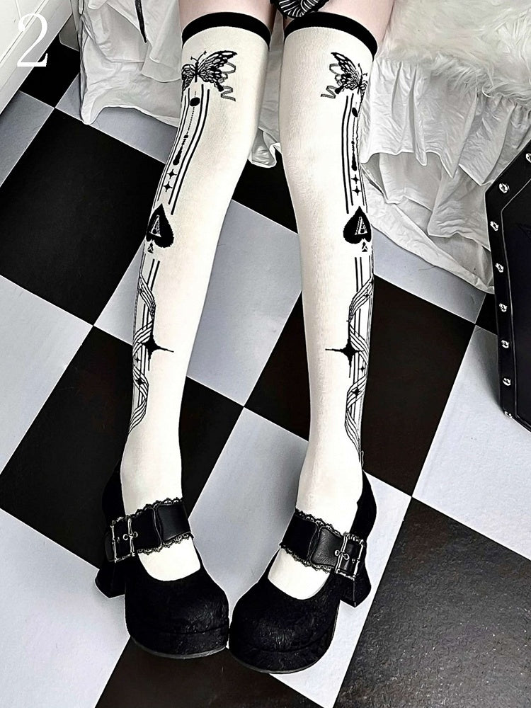 Black Cross Poker/Ace of Spades Butterfly Print Over-knee Stockings