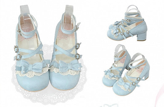Light Blue Bow at Top Crisscross Buckle Straps Sweet Lolita Block Heel Mary Janes