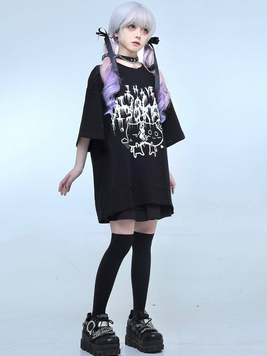 Black Jirai Kei Cat And Letter Print T-shirt