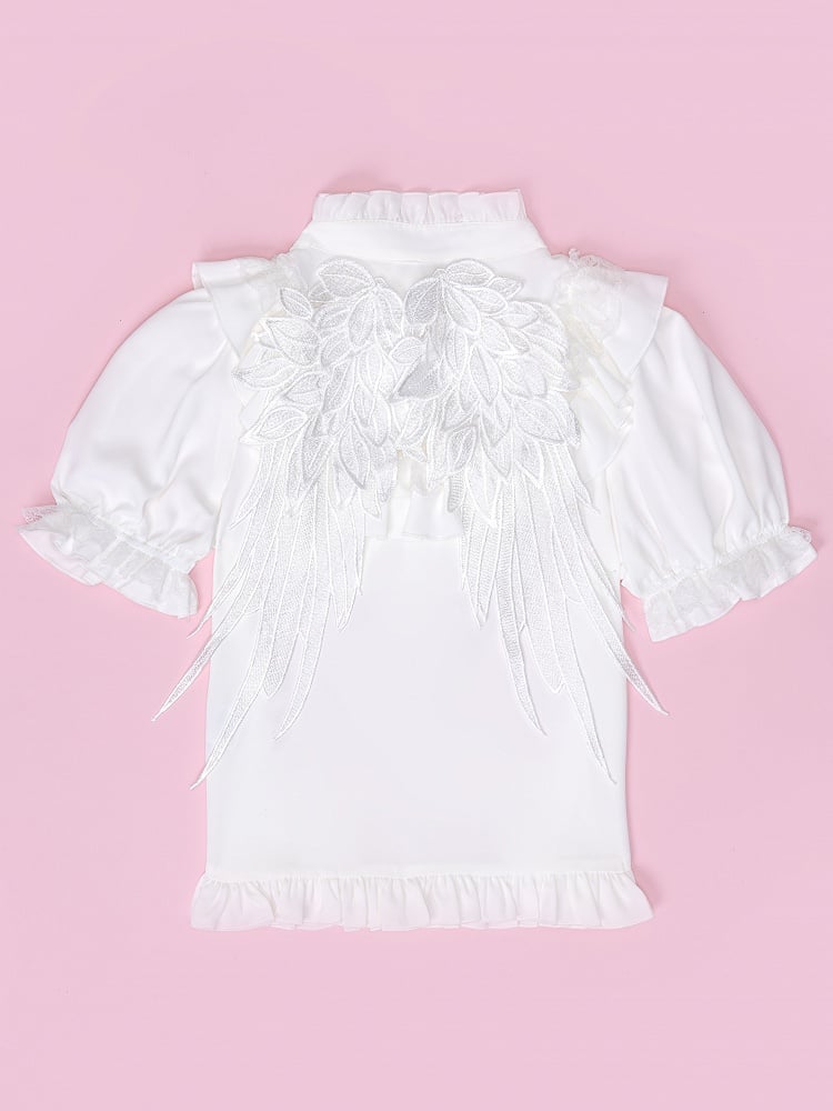 Lace Angel Wings at Back White Short Sleeves Blouse