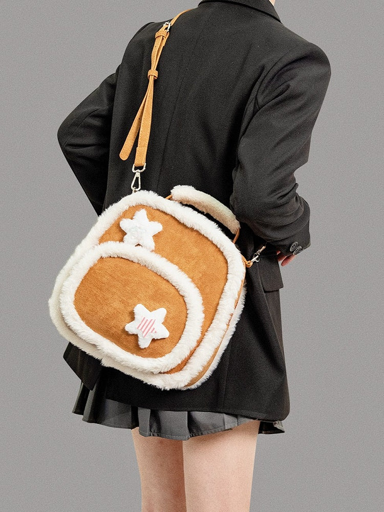 Chic 2-Way Small-Sized Brown Backpack With Plush Trim And Fuzzy Star Accents