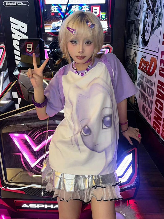 Cartoon Girl Print Purple and White T-shirt