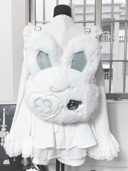 Kawaii Black / White Plush Bunny Backpack with Bendable Ears & Heart Eye Patch Design