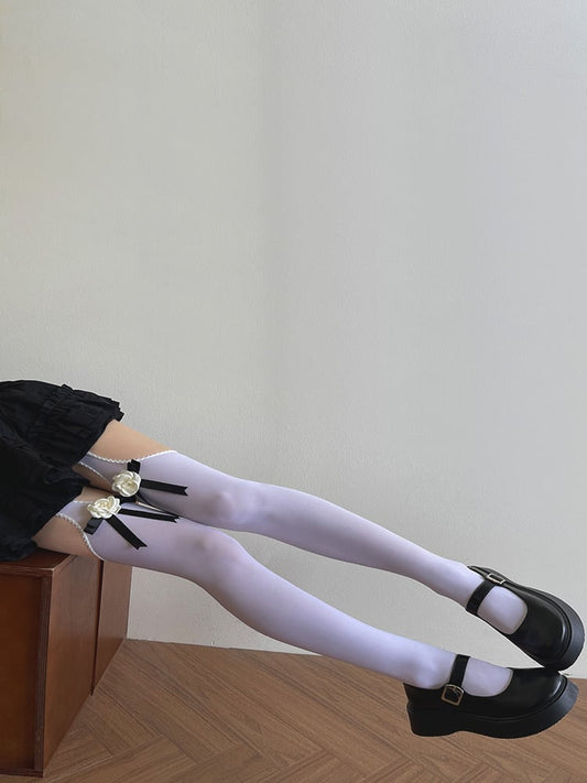 Black/White Camellia Bowknot Suspender Tights