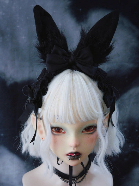 Black Gothic Bunny Ears Hairband with Bowknots