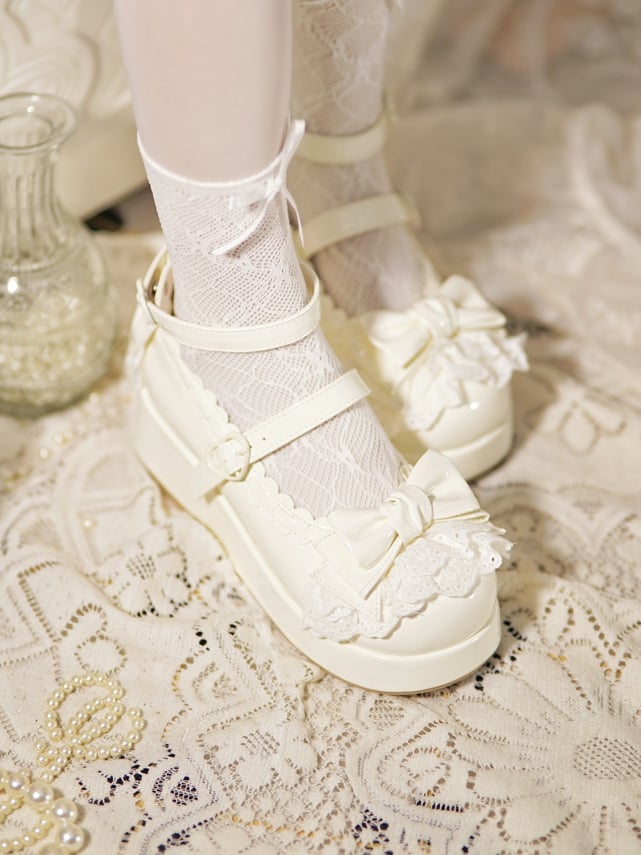 Milky White Bow at Top Lace Trim Heart Buckles Platforms