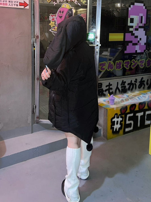 Plus Size - Black Bunny Ears Hooded Puffer Jacket