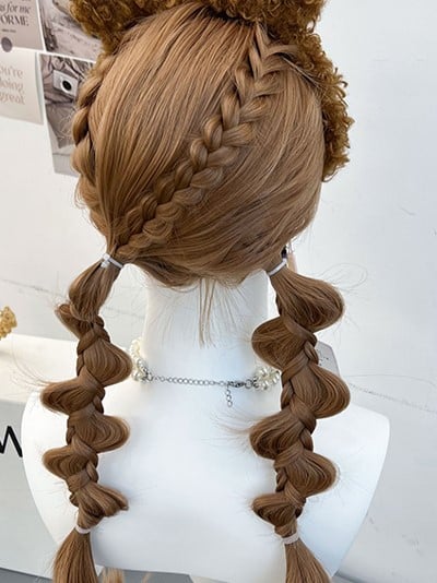 Brown Synthetic Wig With Full Bangs and Double Braided Ponytails