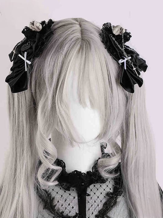 Black Heart Design Gothic Halloween Skeleton Bowknots Hairclips with Cross Chains