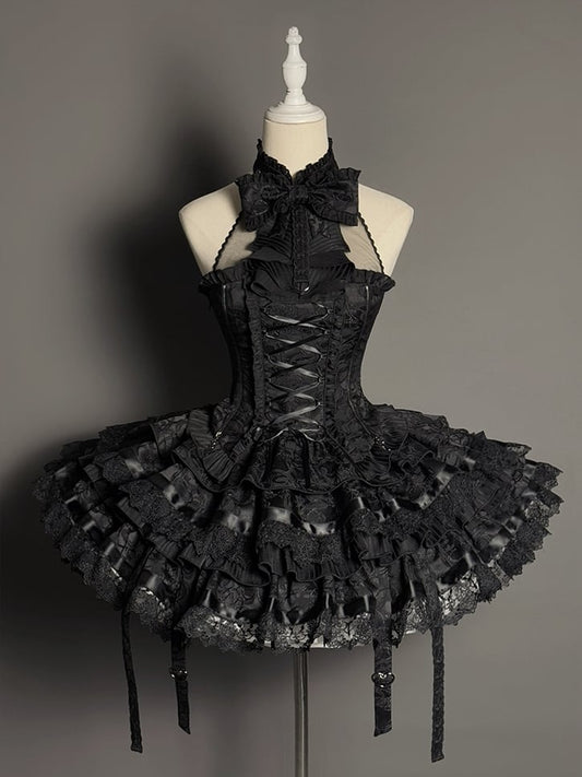 Clearance-Size M for Bust 85-99CM Black Halter Neck Sleeveless Top + Waist 64-100CM Kuro Gothic Lolita Tiered Skirt Full Set