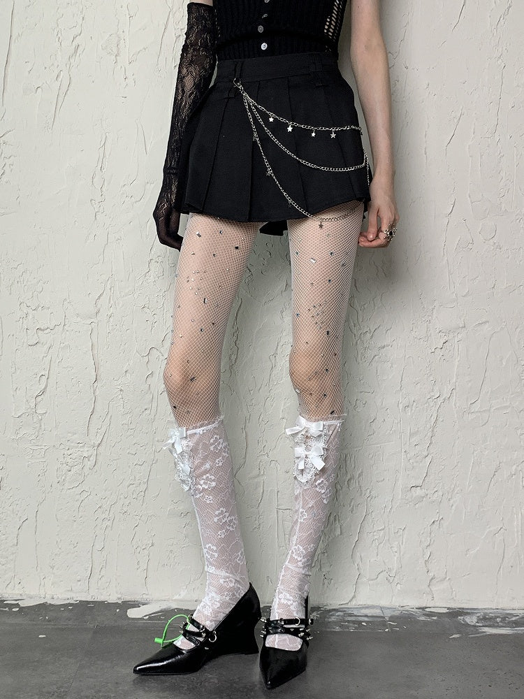 White Y2K Floral Pattern Bowknot Details Semi-sheer Underknee Stockings