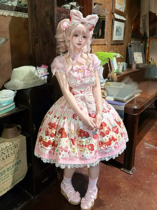 Strawberry Cake Print Pink Sweet Lolita Short Sleeves Dress