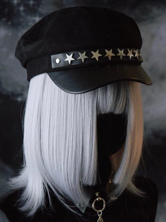 Black Gothic Star-shaped Studs Details Beret Hat