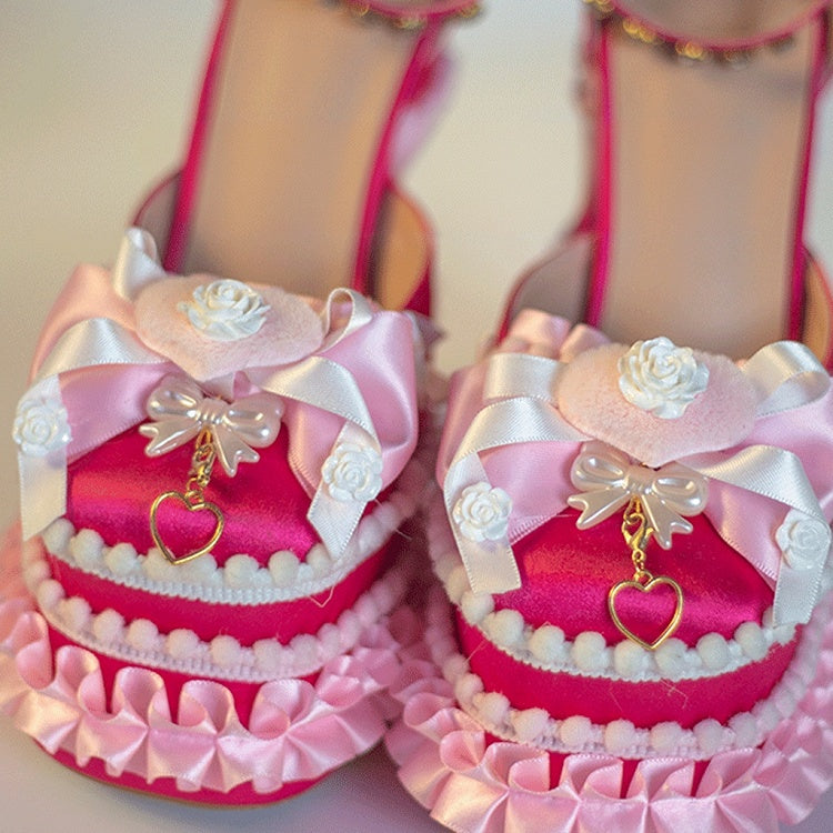 Rose Red Sweetheart and Bowknot Sweet Lolita High Block Heel Platforms