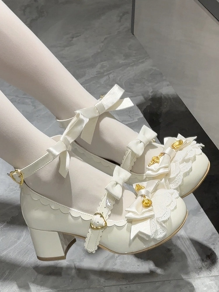 White Spoon Decorated Bowknot Details Sweet Lolita High Block Heels