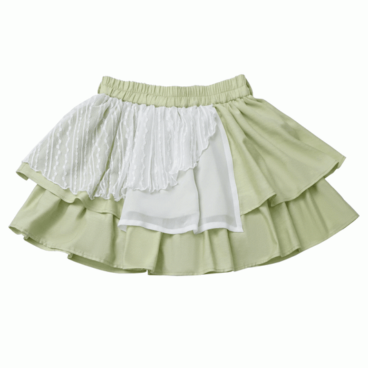 Green Cheongsam Style Elastic Waist Tiered Skirt with Waist Belt