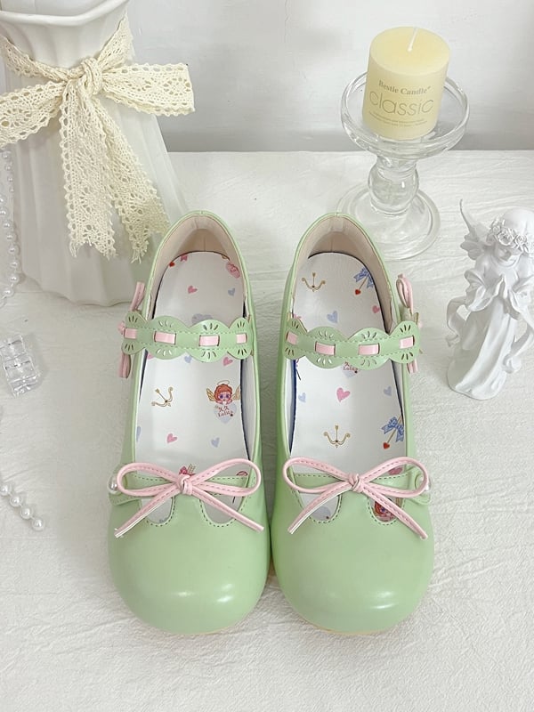 Apple Green Beaded Decorated Knotted Bow at Top Round Toe Lolita Shoes
