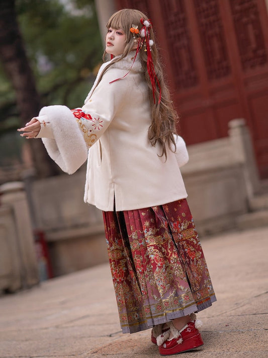 Plus Size New Year White Embroidered Coat with Plush Collar and Cuffs