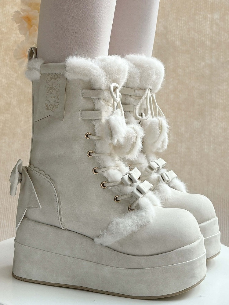 Platform Sweet White Winter Boots for Lolita - Fleece Lining with Heart And Star Pompon Charm Shoelaces & Bow Decor