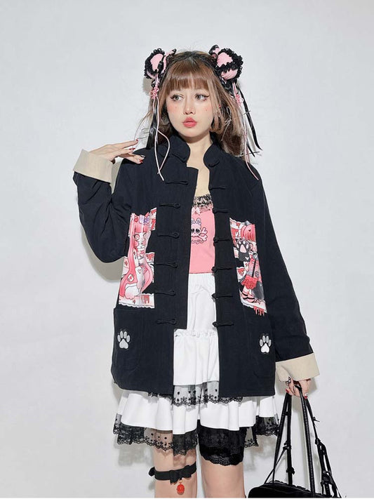 Black Cartoon Anime Print Banded Collar Oversized Top