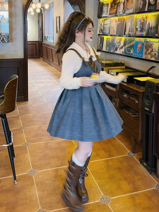 Plus Size White Shirt / Blue Denim Overalls Pleated Skirt