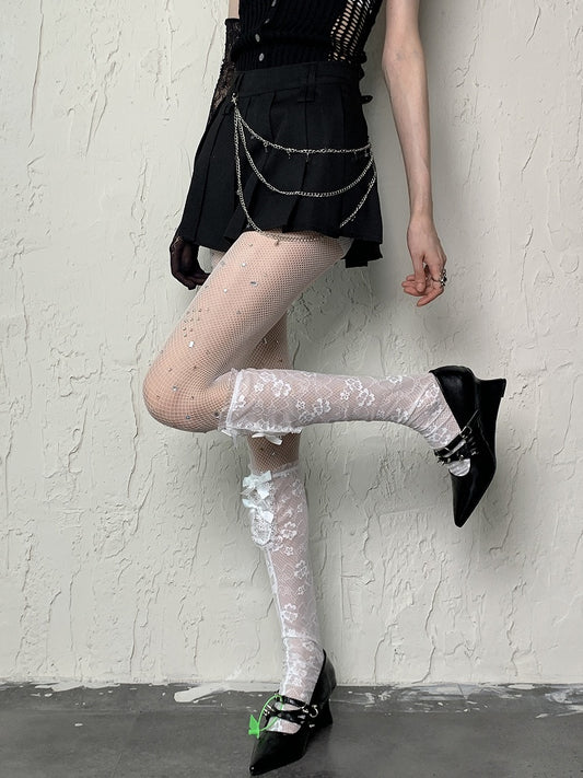 White Y2K Floral Pattern Bowknot Details Semi-sheer Underknee Stockings