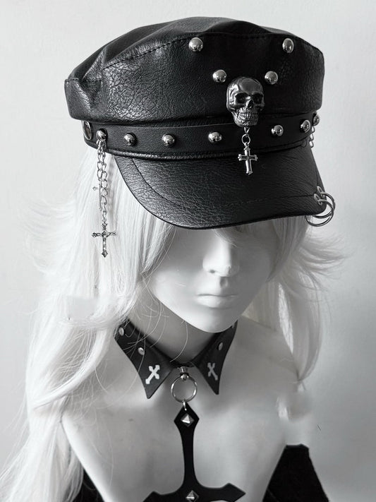 Y2K Black PU Cross Charm Punk Studded Hat
