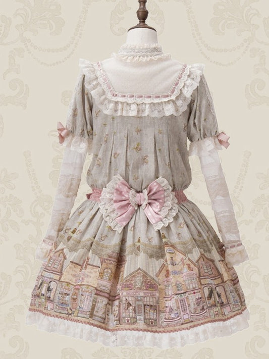 Green Ruffle Neckline Sweet Lolita Dress with Fairytale Town Print and Lace Trim