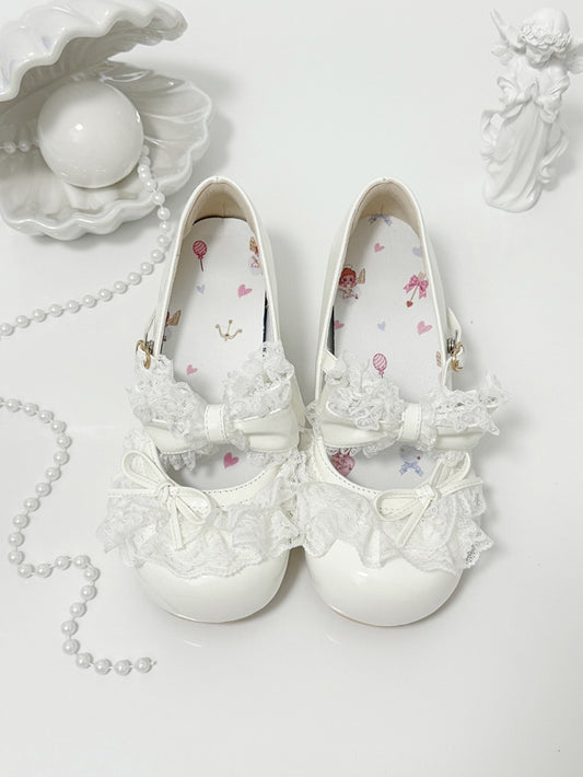 White Bowknot Details Lace Trim Round Toe Lolita Shoes