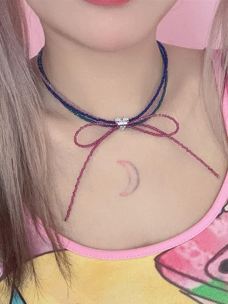 Colorful Y2K Heart Decorated Bowknot Design Beaded Choker