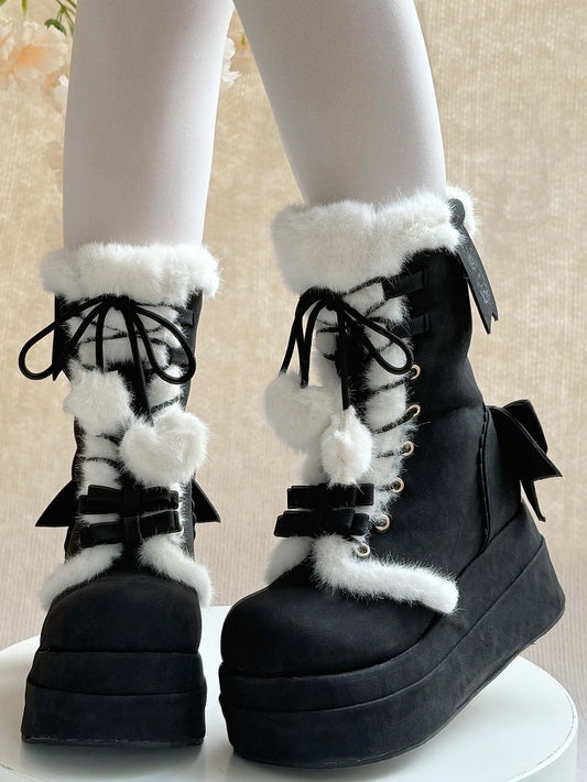Plush Lined & Romantic Bow Accents Platform Black Boots in Sweet Lolita