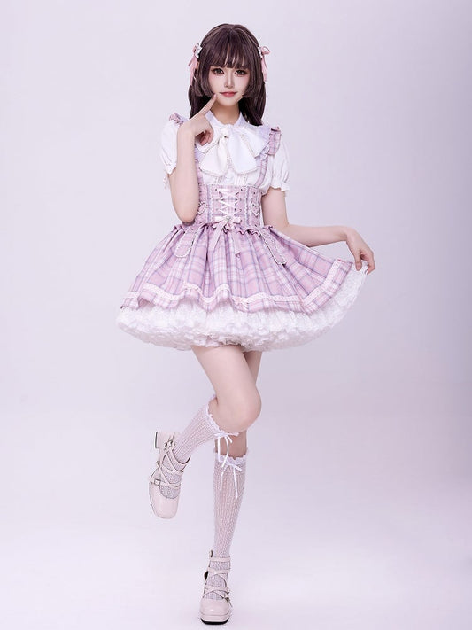 Pink Lace-up High Waist Jirai Kei Plaid Skirt with Detachable Flutter Straps