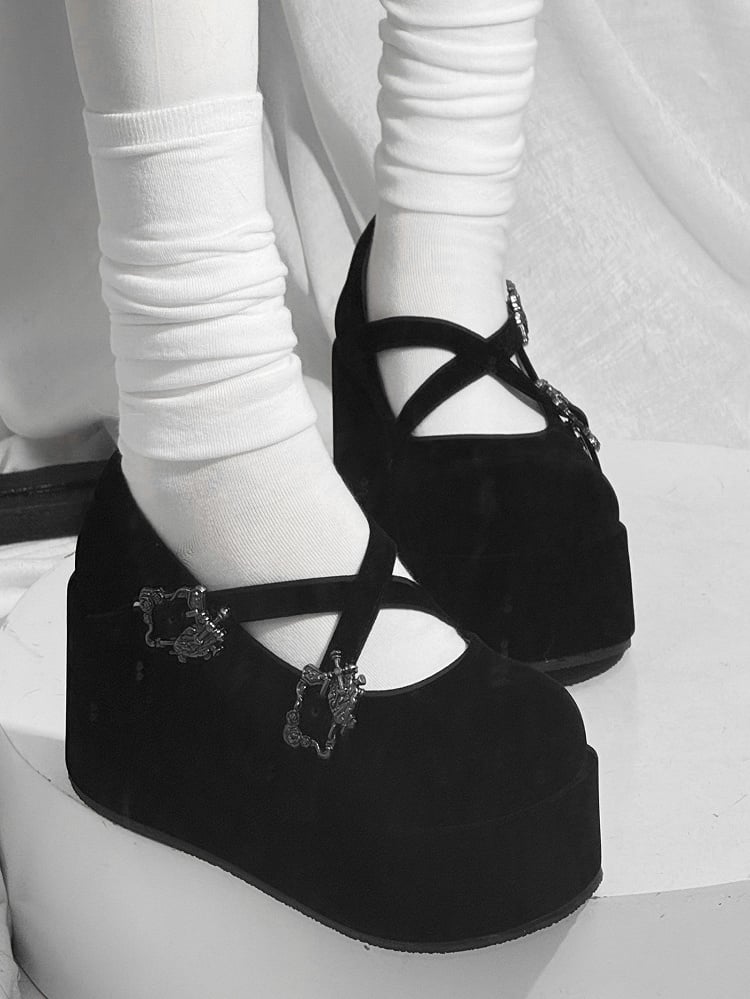 Velvet Black Gothic Crosscriss Design Platform Mary Janes With Detachable Buckles