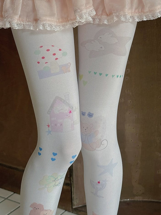 White Heart Bear Bunny Print Cartoon Tights