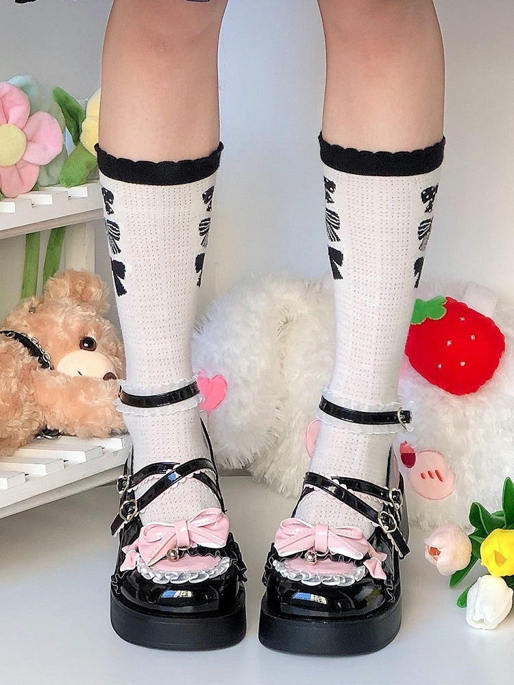 Black & Pink Bow at Top Crisscross Buckle Straps Sweet Lolita Platform Mary Janes