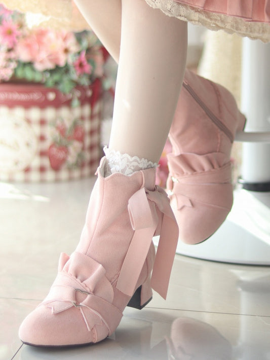 Pink Knotted Bow Accent Zip Closure at Sides Ankle Boots
